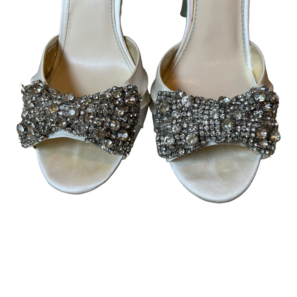 Betsey Johnson Ivory Satin Peep-Toe Heels with Crystal Bow Accent - Picture 5 of 5